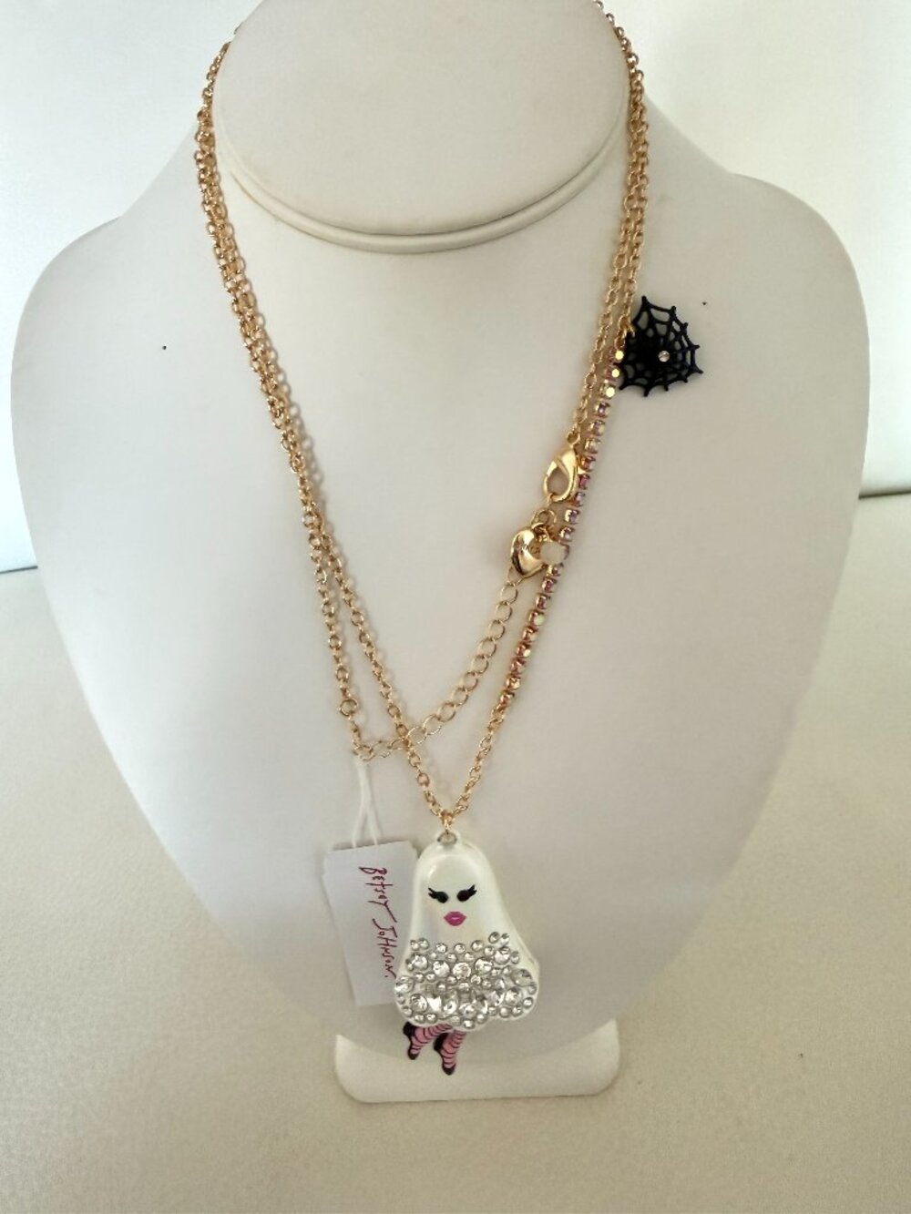 NWT Betsey Johnson Long Necklace Halloween Girly Ghost Faux Stone w spider web